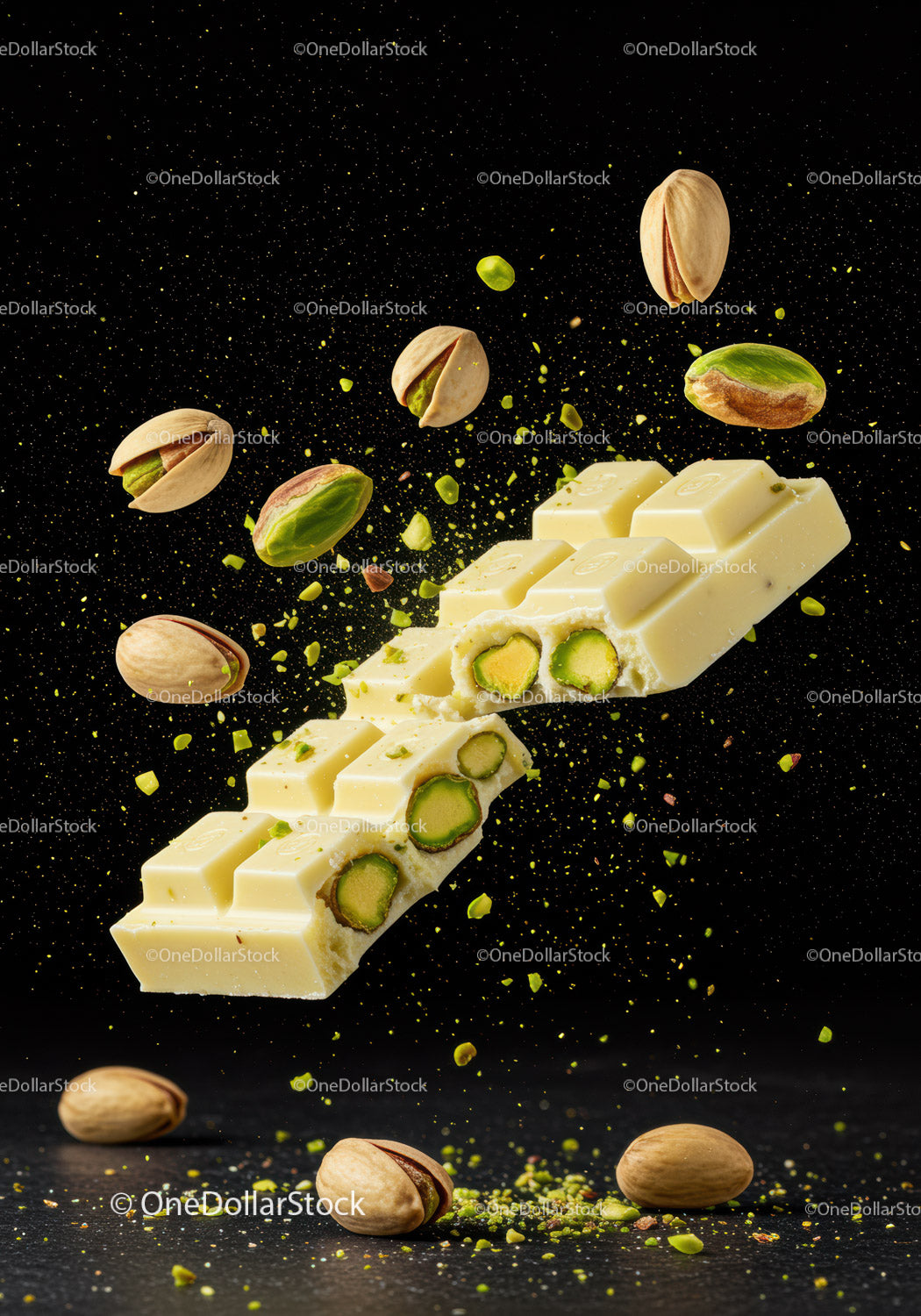 Biała czekolada z pistacjami w ruchu