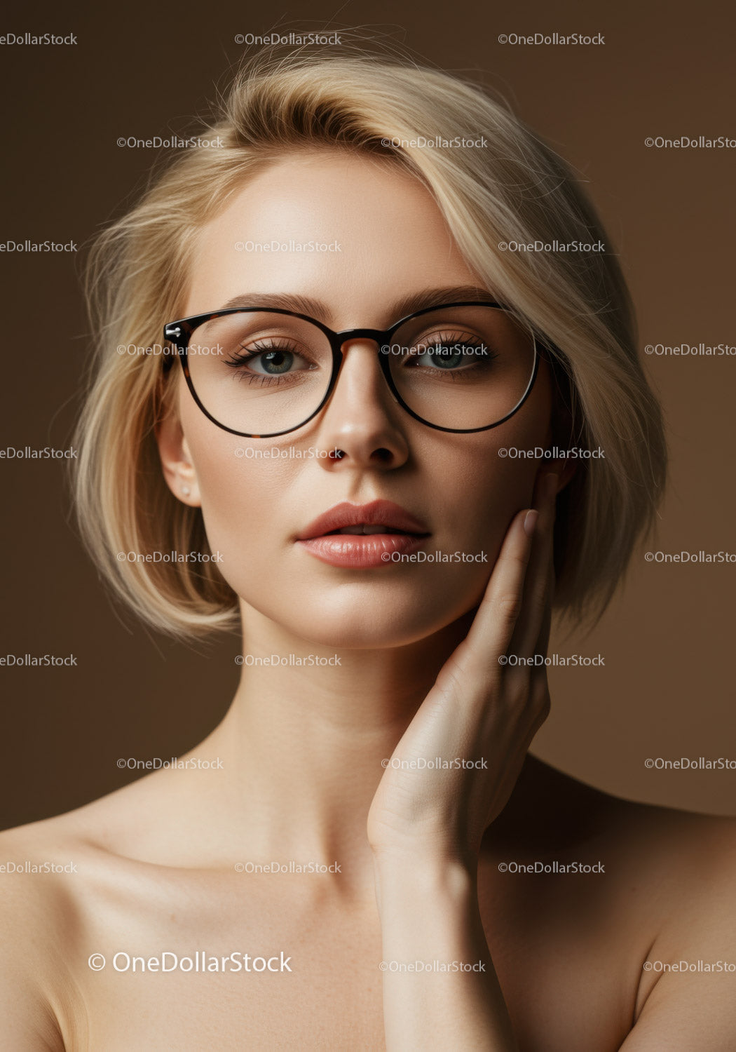 Stylowa kobieta z krótkimi blond włosami i czarnymi okularami. Portret