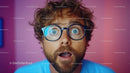 Young Man with Blue Glasses Showing Surprise with Pink Background