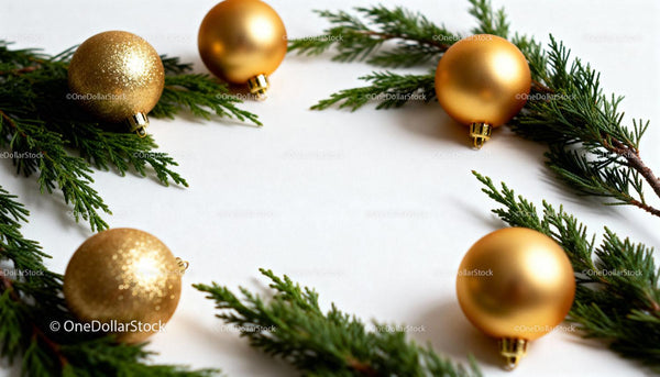 Golden Christmas ornaments with fresh green pine branches