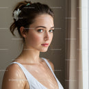 Elegant Young Woman with Blue Eyes Near Window in Calm Setting