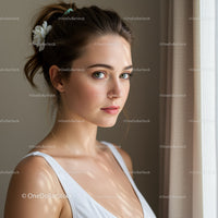 Elegant Young Woman with Blue Eyes Near Window in Calm Setting