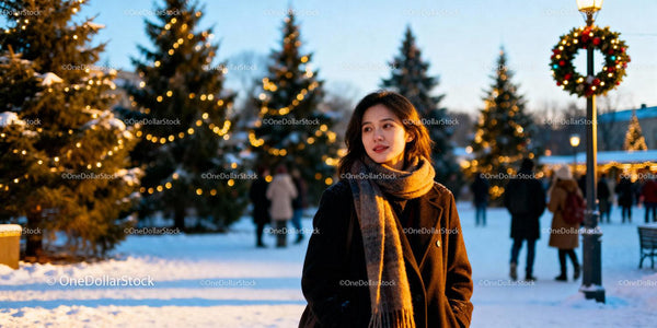 Young woman enjoying festive winter evening outdoors
