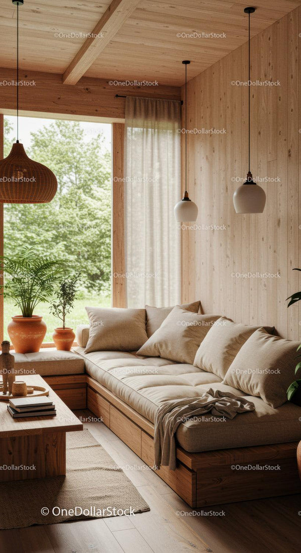 Cozy wooden living room with natural light and plants