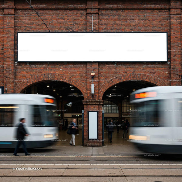 Blurred trams passing historic brick station entrance JPG Mockup Image