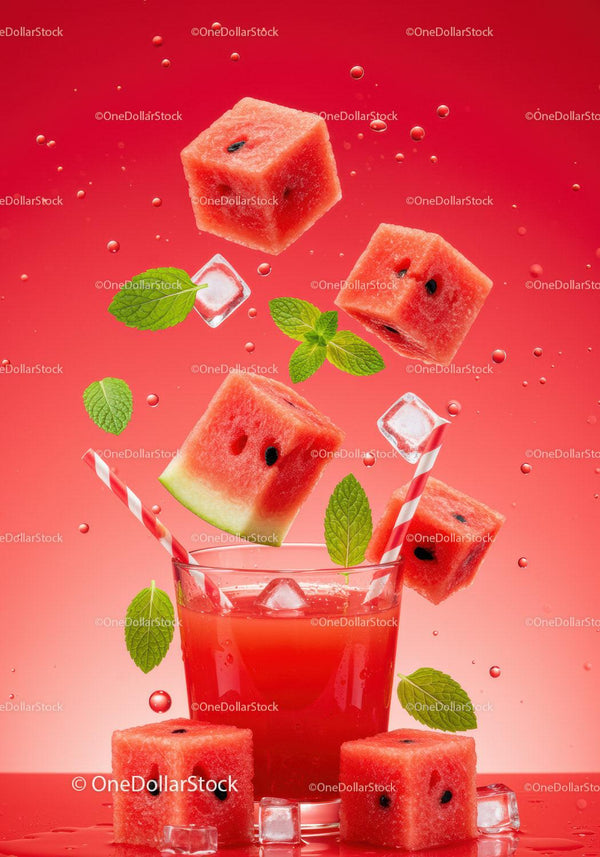 Refreshing Watermelon Cubes and Juice with Mint Leaves