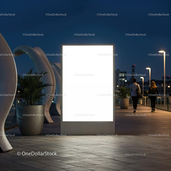 Illuminated Urban Billboard on Modern City Walkway JPG Mockup Image