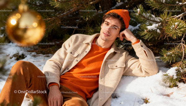 Young man relaxing in snowy winter forest with warm clothing