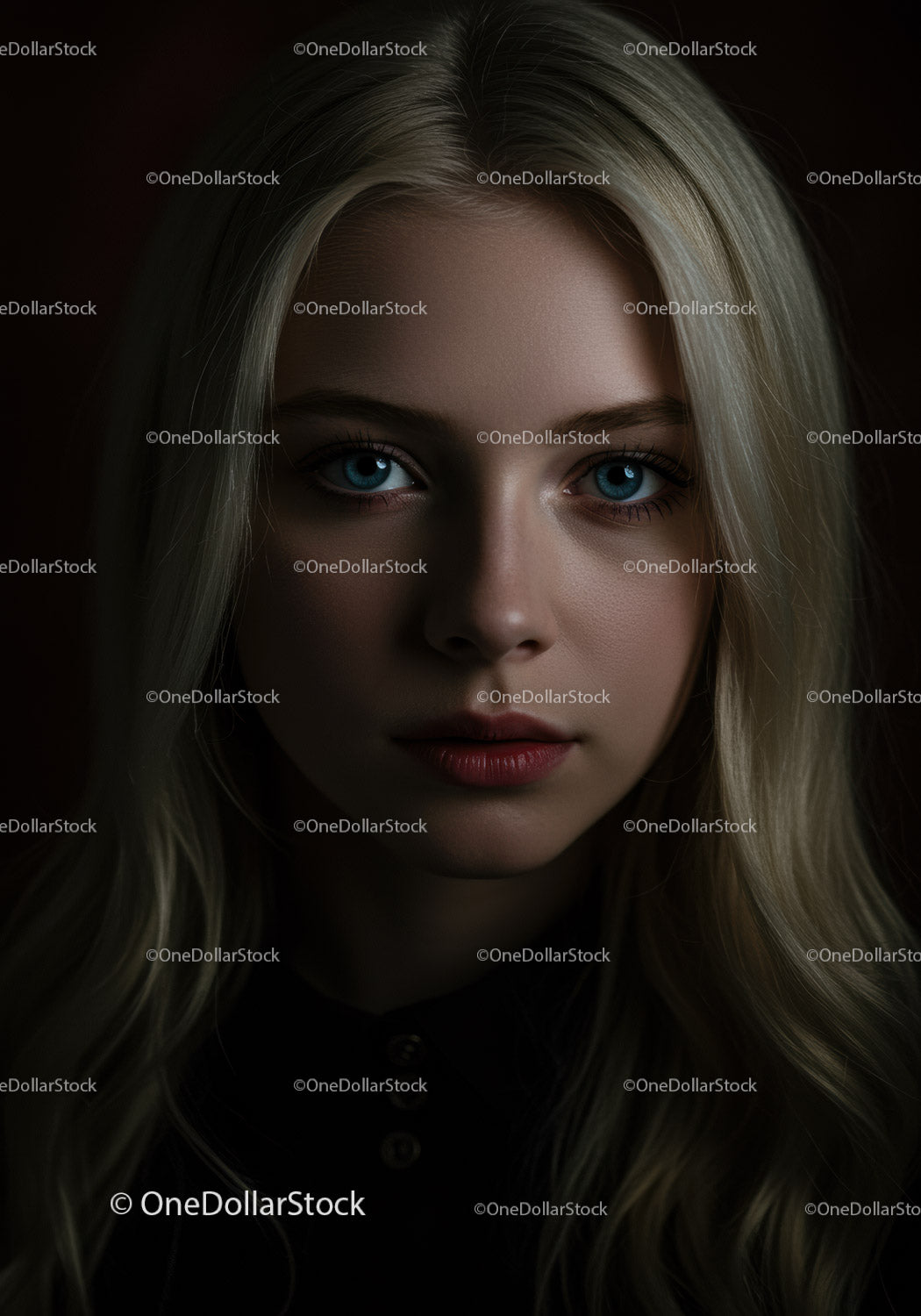 Young woman with blonde hair and blue eyes in low light