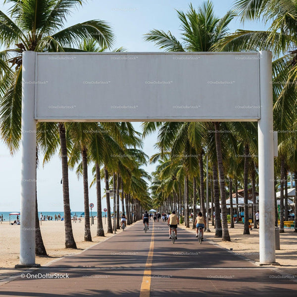 Cyclists enjoying a sunny beach palm tree avenue JPG Mockup Image