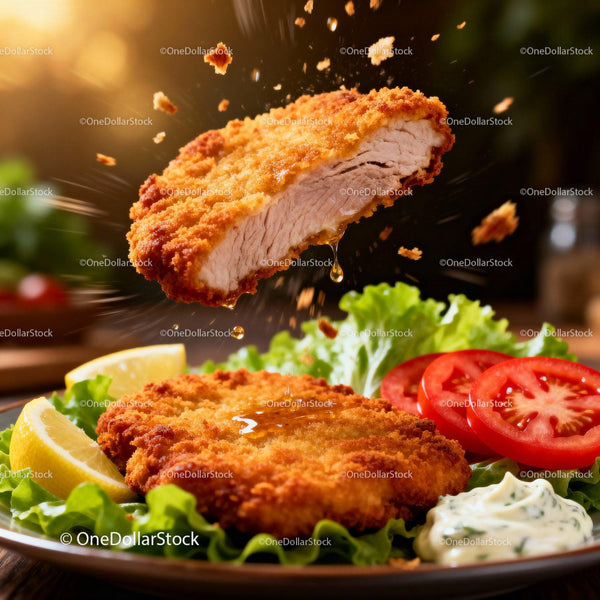 Crispy Fried Cutlet Served with Fresh Salad and Sauce