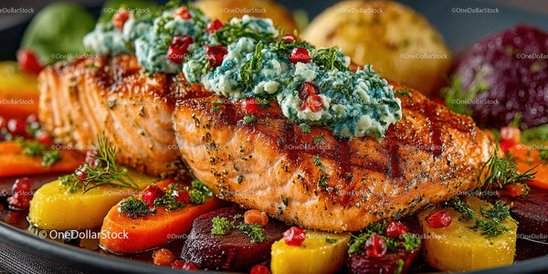 Gourmet Grilled Salmon with Root Vegetables and Pomegranate Seeds