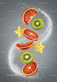 Fresh fruit slices immersed in sparkling water bubbles