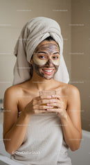 Young Woman in Towel with Facial Mask and Eye Patches Smiling