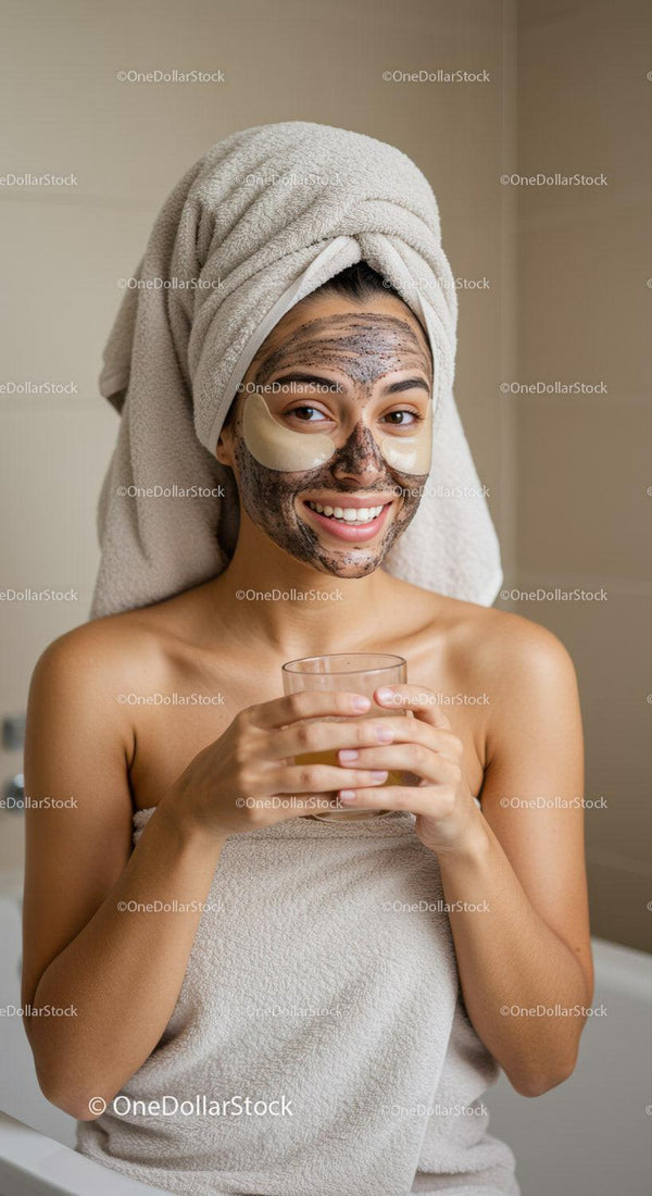 Young Woman in Towel with Facial Mask and Eye Patches Smiling