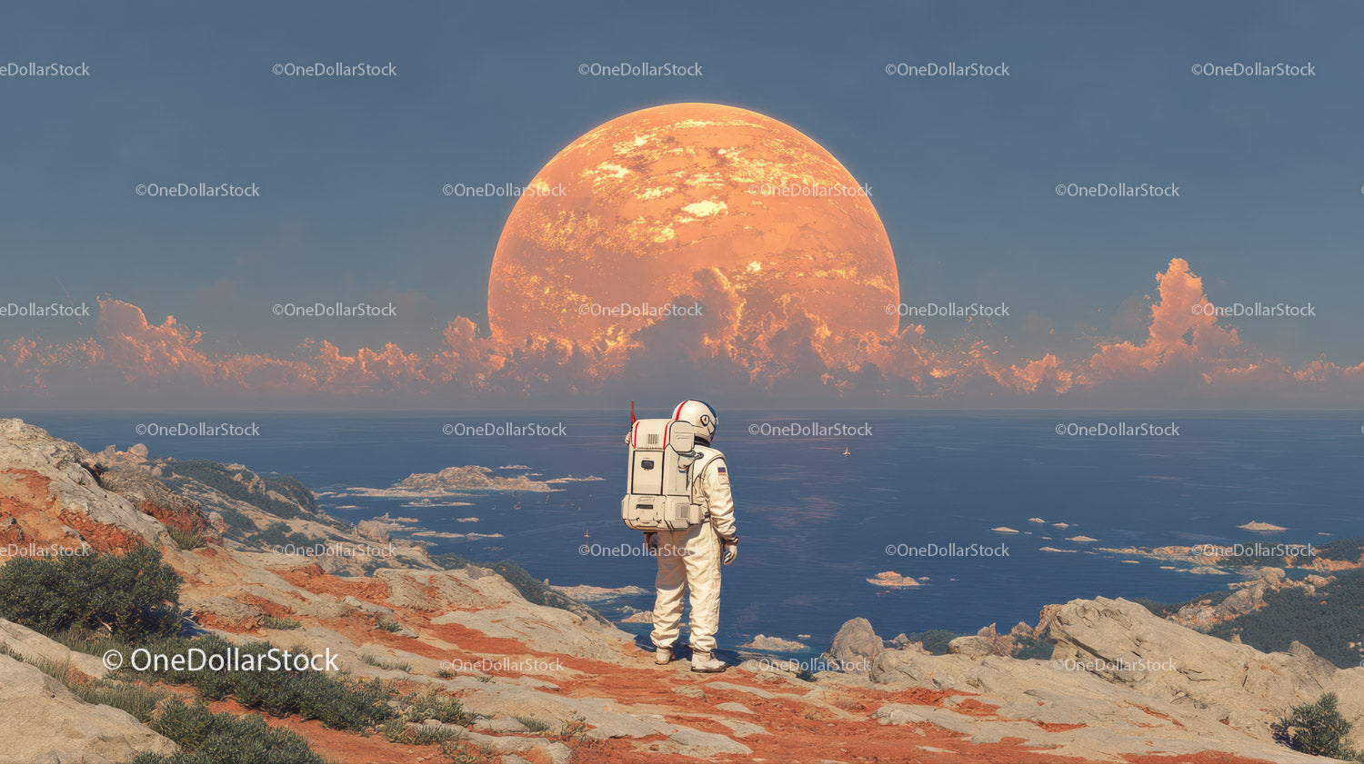 Astronaut Exploring a Surreal Alien Landscape with a Giant Orange Planet