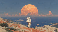 Astronaut Exploring a Surreal Alien Landscape with a Giant Orange Planet
