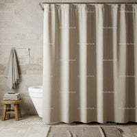 Beige Fabric Shower Curtain in Modern Bathroom with Towel and Stool