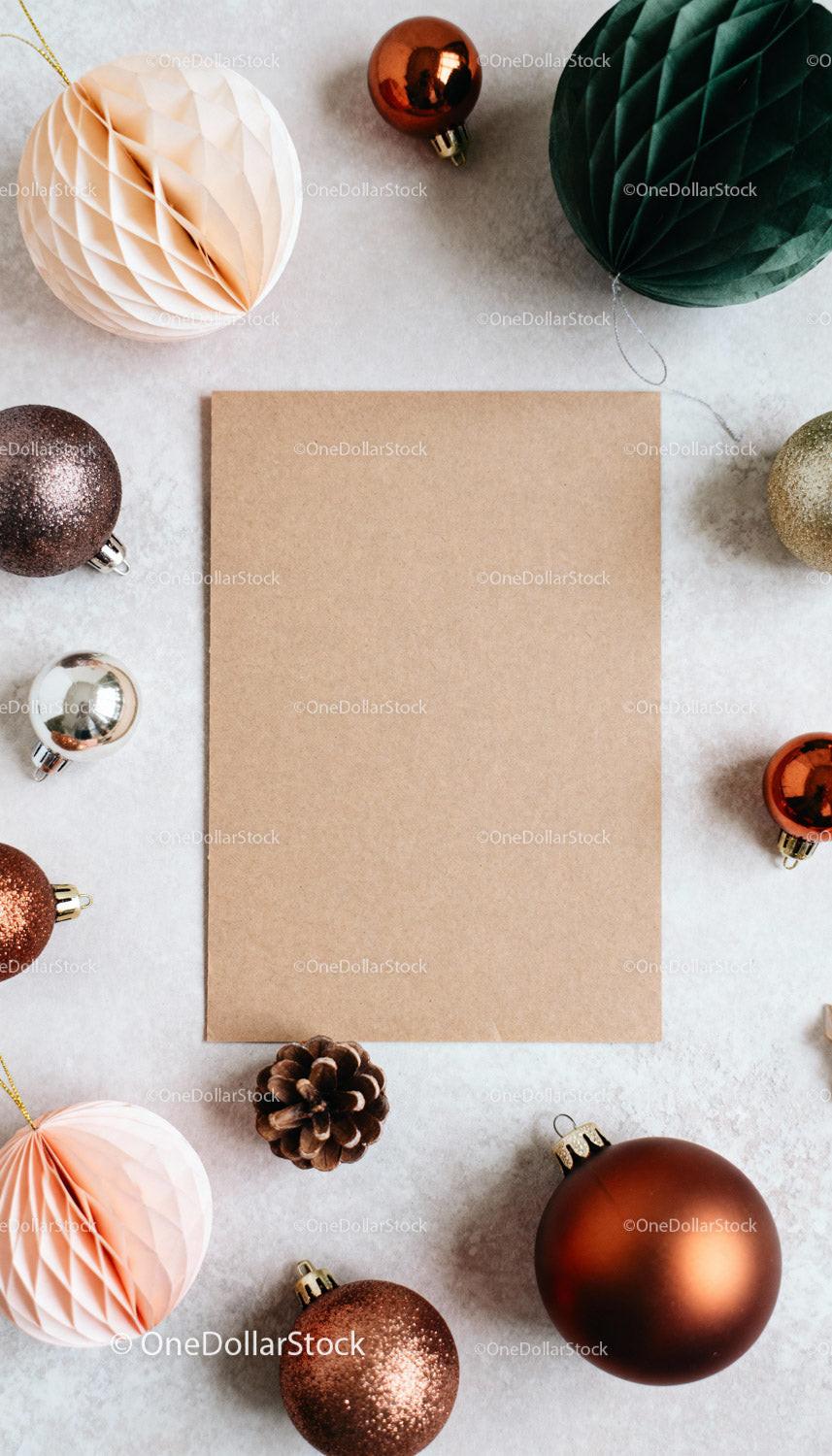 Minimalist Christmas decorations with blank kraft card JPG Mockup Image preview