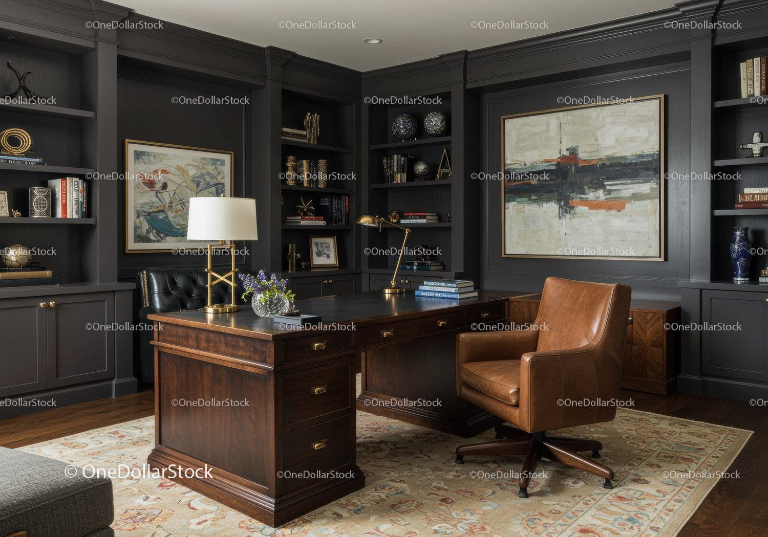 Classic home office with leather chair and wooden desk