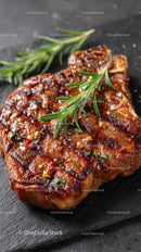 Gourmet Grilled Steak with Rosemary on Black Slate Plate