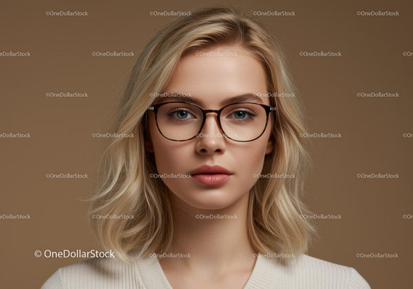 Elegancka blondynka w okularach w neutralnym wnętrzu