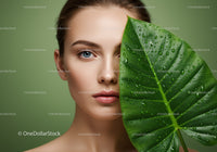 Beautiful Woman with Tropical Leaf and Water Droplets in Green Background