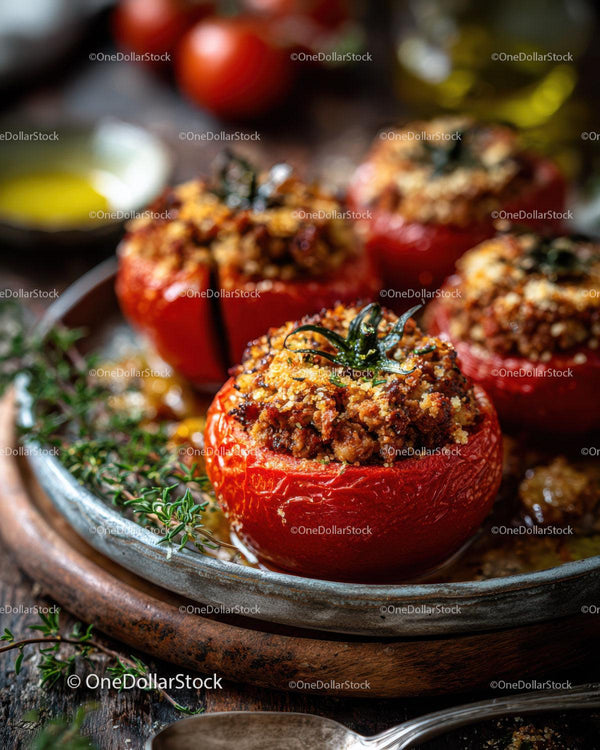 Baked Stuffed Tomatoes with Crumb Topping on Rustic Plate