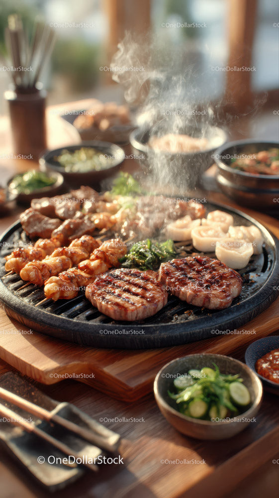 Korean Barbecue Grill with Juicy Steaks and Side Dishes
