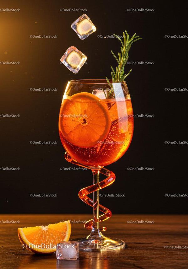 Refreshing Orange Cocktail with Herb Garnish and Ice Cubes