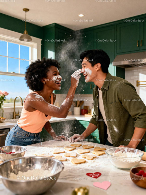 Couple Playfully Baking Heart Cookies Together in Kitchen