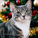 Curious gray tabby cat near decorated Christmas tree