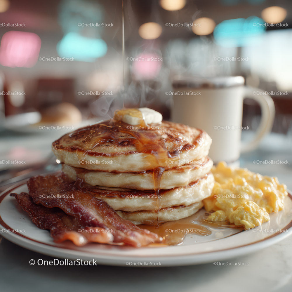 Delicious Fluffy Pancakes with Bacon and Scrambled Eggs for Breakfast