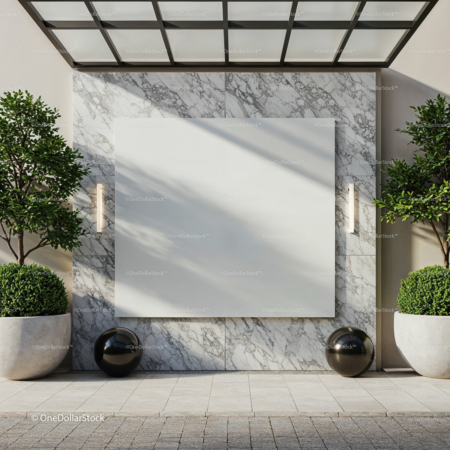 Modern empty billboard on marble wall with green plants