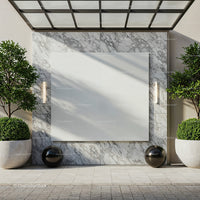 Modern empty billboard on marble wall with green plants
