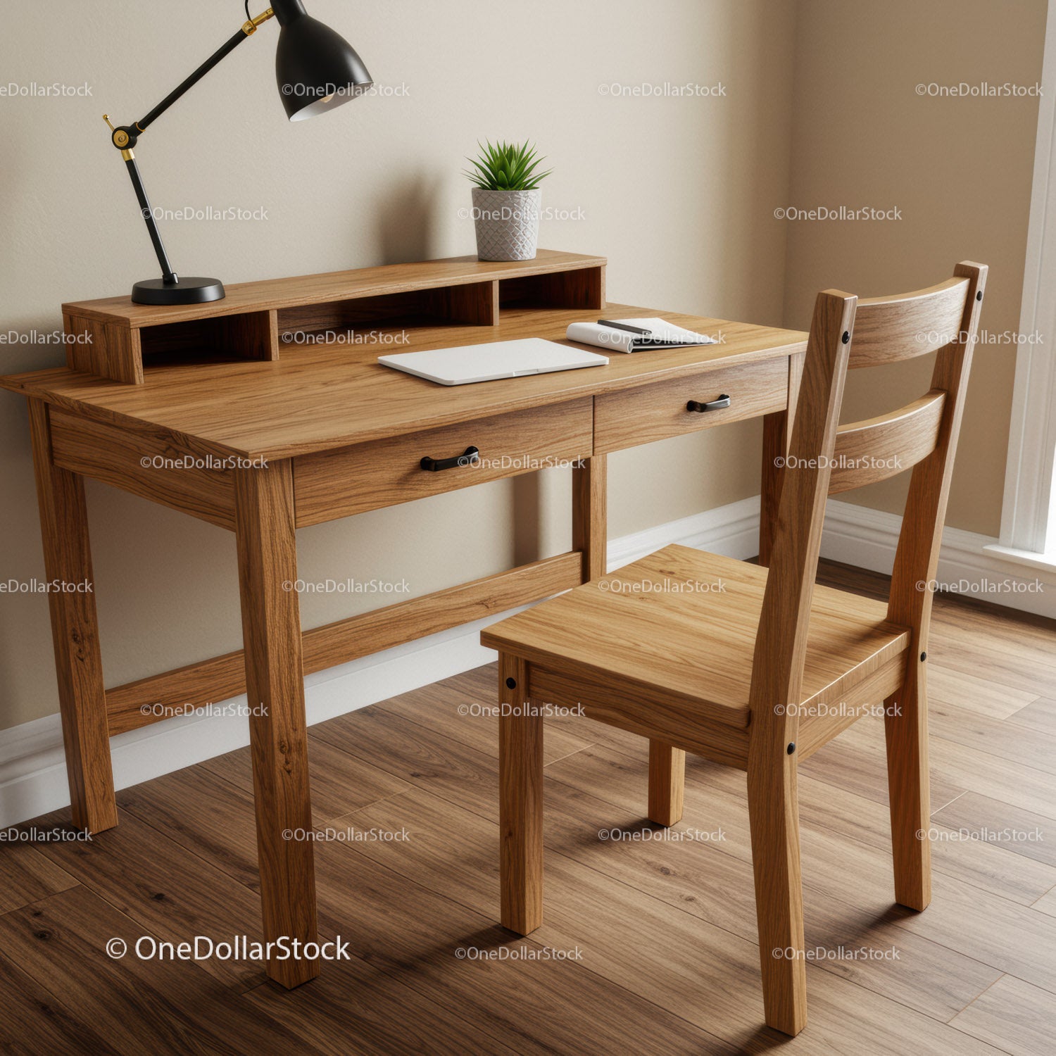 Wooden Office Desk and Chair in Cozy Home Workspace with Plant