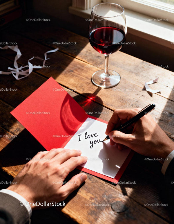 Man Writing I Love You Note Near Glass of Red Wine