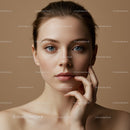 Close-up of a Beautiful Young Woman with Clear Skin and Blue Eyes
