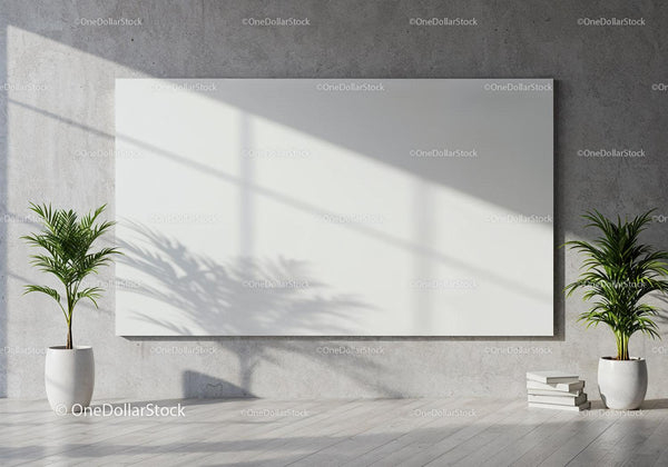 Minimalist room with blank canvas and tropical plants JPG Mockup Image