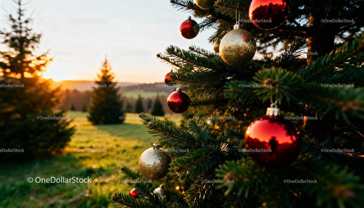 Christmas tree decorated with red and gold baubles outdoors