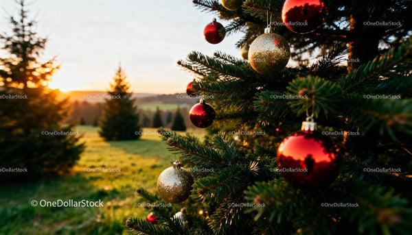 Christmas tree decorated with red and gold baubles outdoors