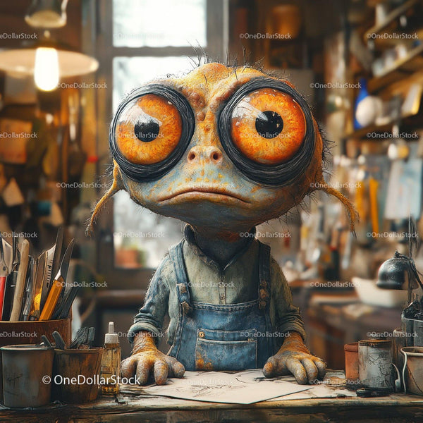 Wide-Eyed Creature in Workshop Setting