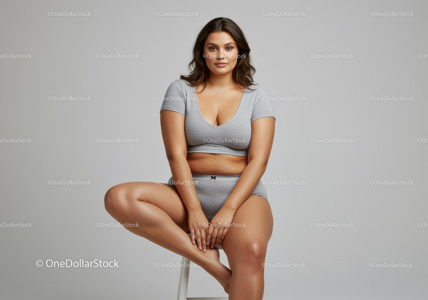 Plus Size Woman Sitting on Stool in Casual Gray Outfit
