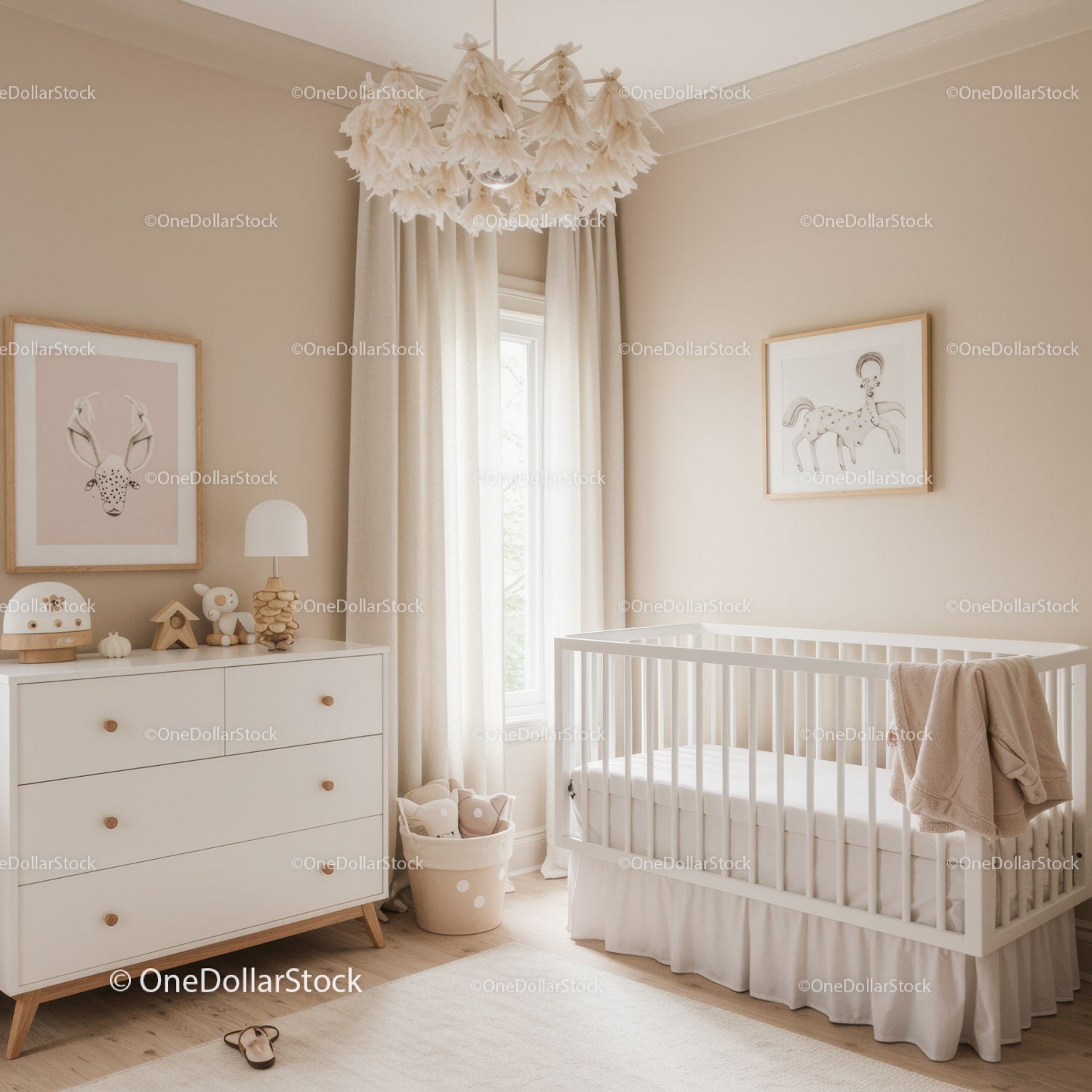 Soft Nursery Room with White Crib and Animal Art for Baby