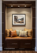 Cozy Residential Nook with Cushions and Landscape Artwork