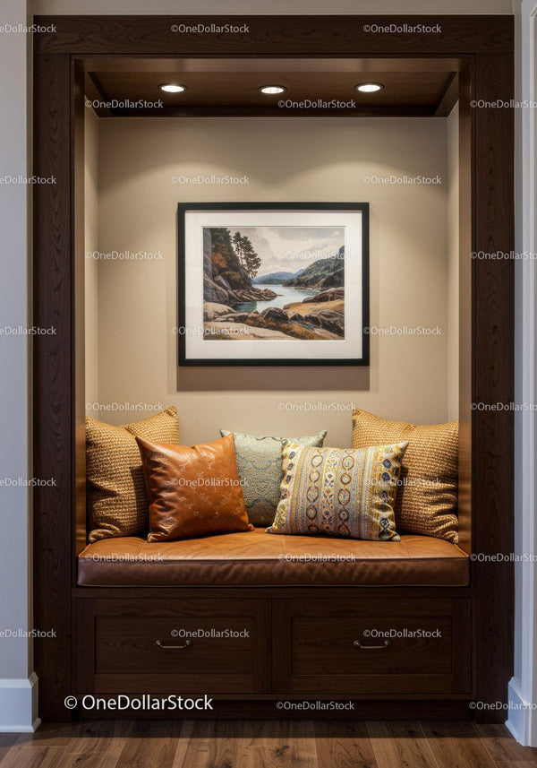 Cozy Residential Nook with Cushions and Landscape Artwork