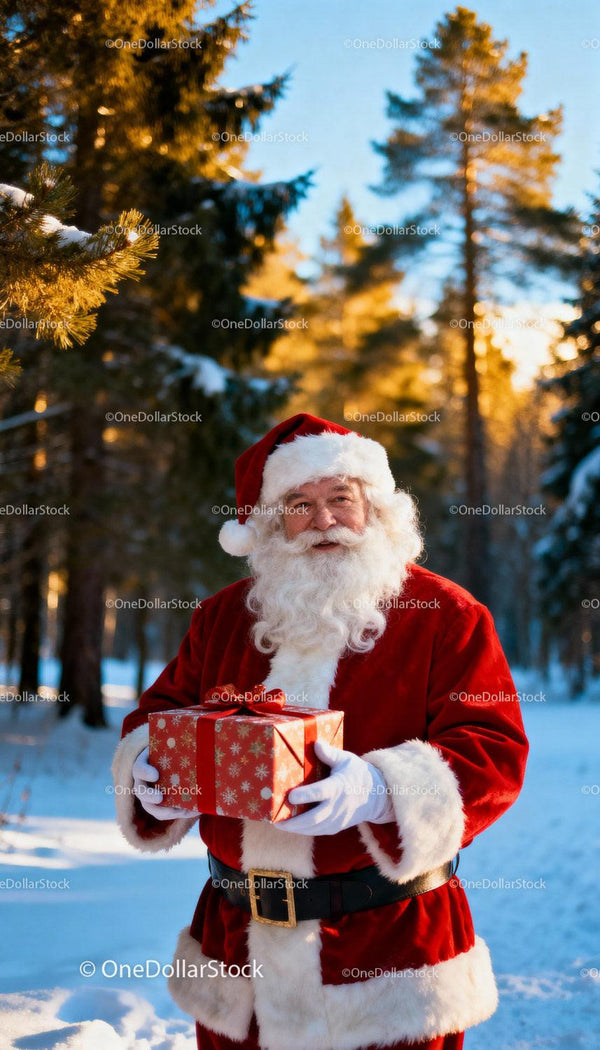 Santa Claus Holding Gift Box in Winter Forest