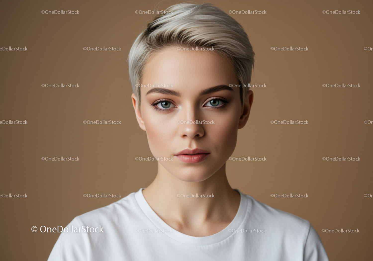 Young Woman with Short Silver Hair and Blue Eyes in Studio Portrait