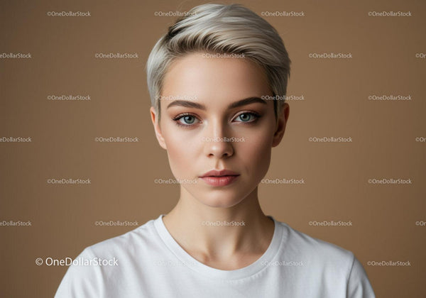 Young Woman with Short Silver Hair and Blue Eyes in Studio Portrait