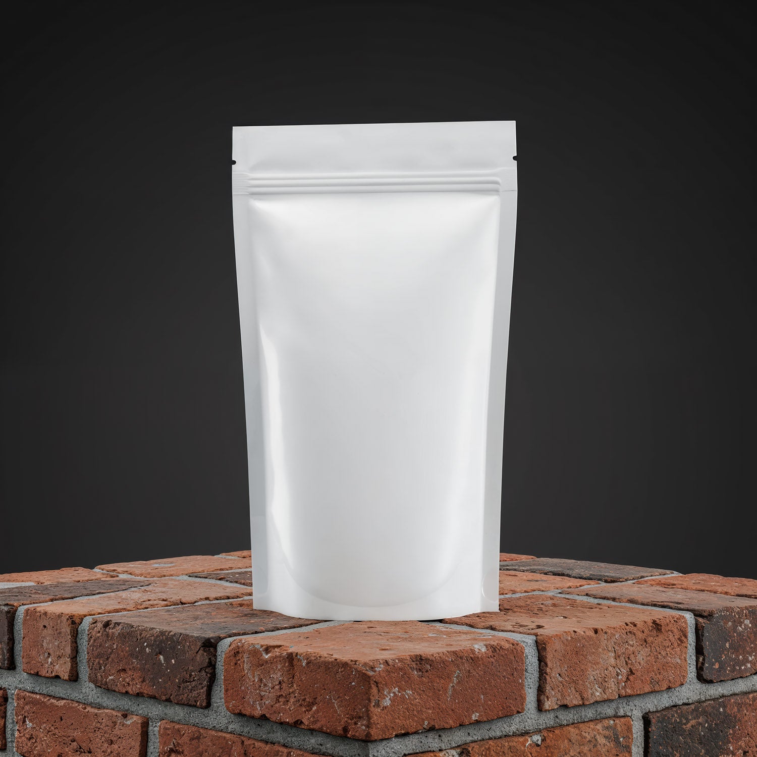 Minimalist White Stand-Up Pouch on Brick Surface